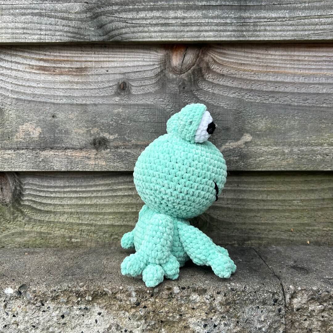 Freddy Frog zit schuin voor de camera, hij is lief en schattig